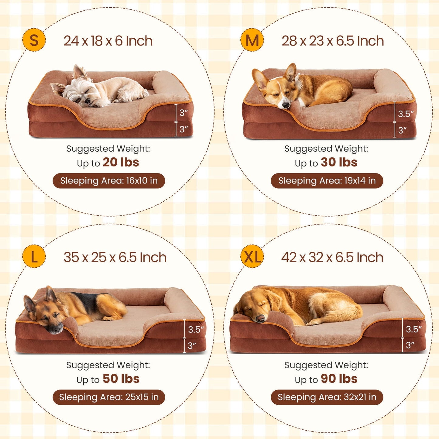 Gianna Dog Bed for Small Size Dogs, Supportive Memory Foam Dog Sofa, Brown