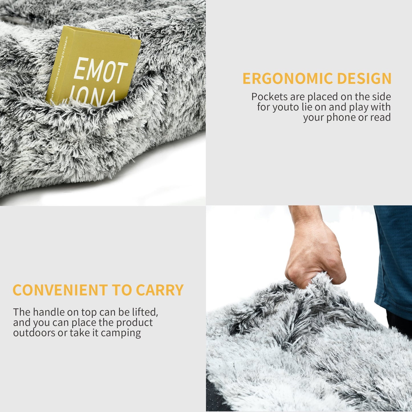 Dextrus Human Dog Bed, Oversized Memory Foam Dog Bed, 79"x43" with Blanket and Pillow, Removable Fur Cover, Grey