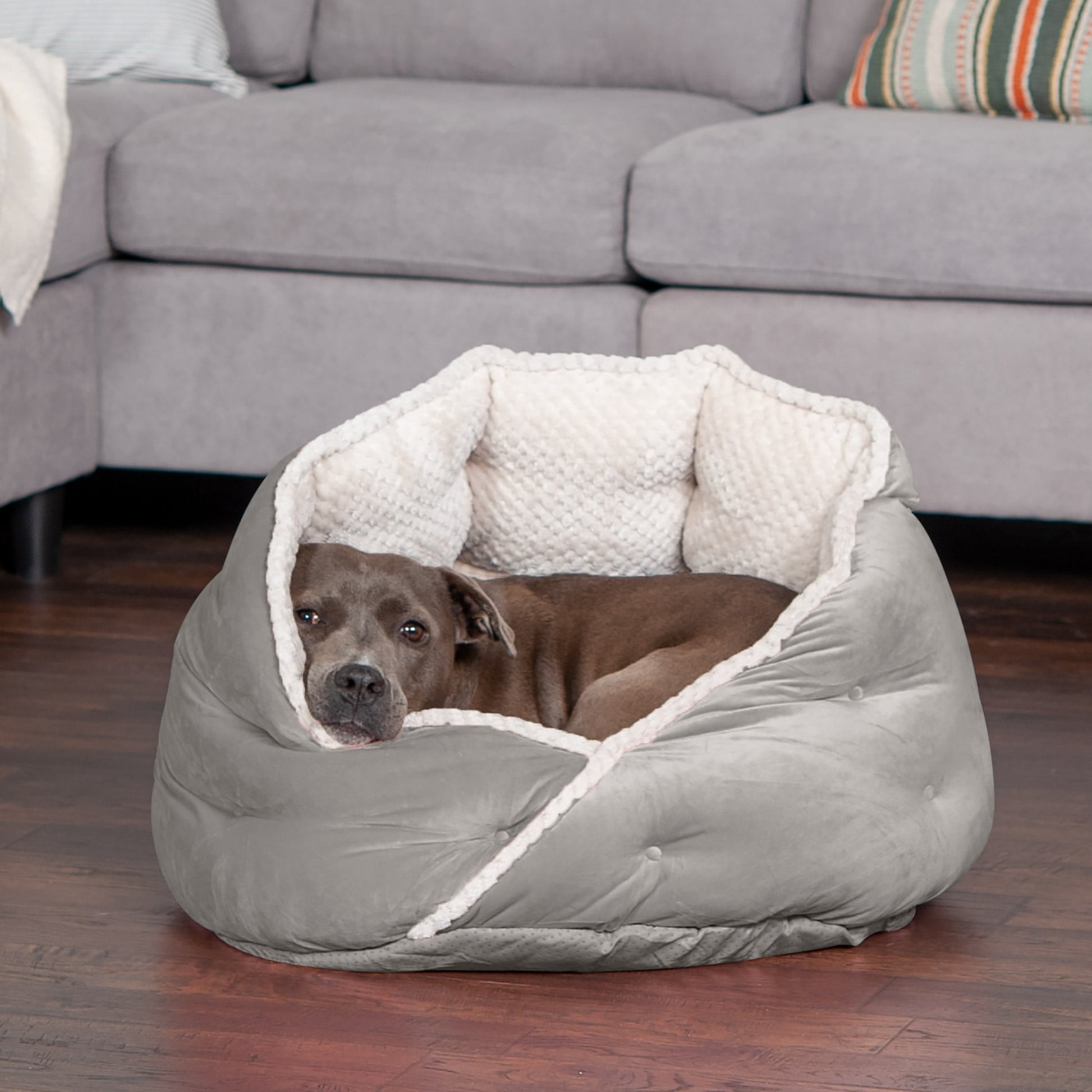FurHaven Pet Products | Minky Faux Fur & Velvet Hug Bed for Dogs & Cats - Silver Gray, Medium