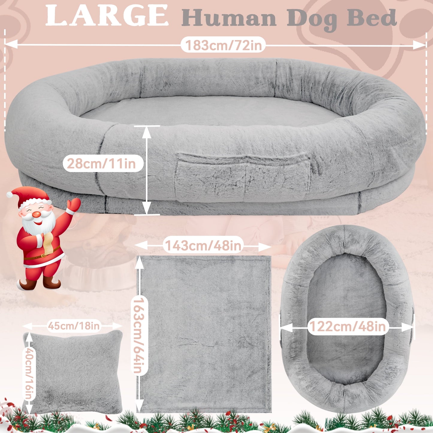 Human Dog Bed,72"x48"x11" Extra Large Human Dog Bed for People Adults and Pets, Large Bean Bag Bed for Humans and Dogs, Ultimate Comfort Washable Fur and Blanket Adult Dog Bed(Grey)