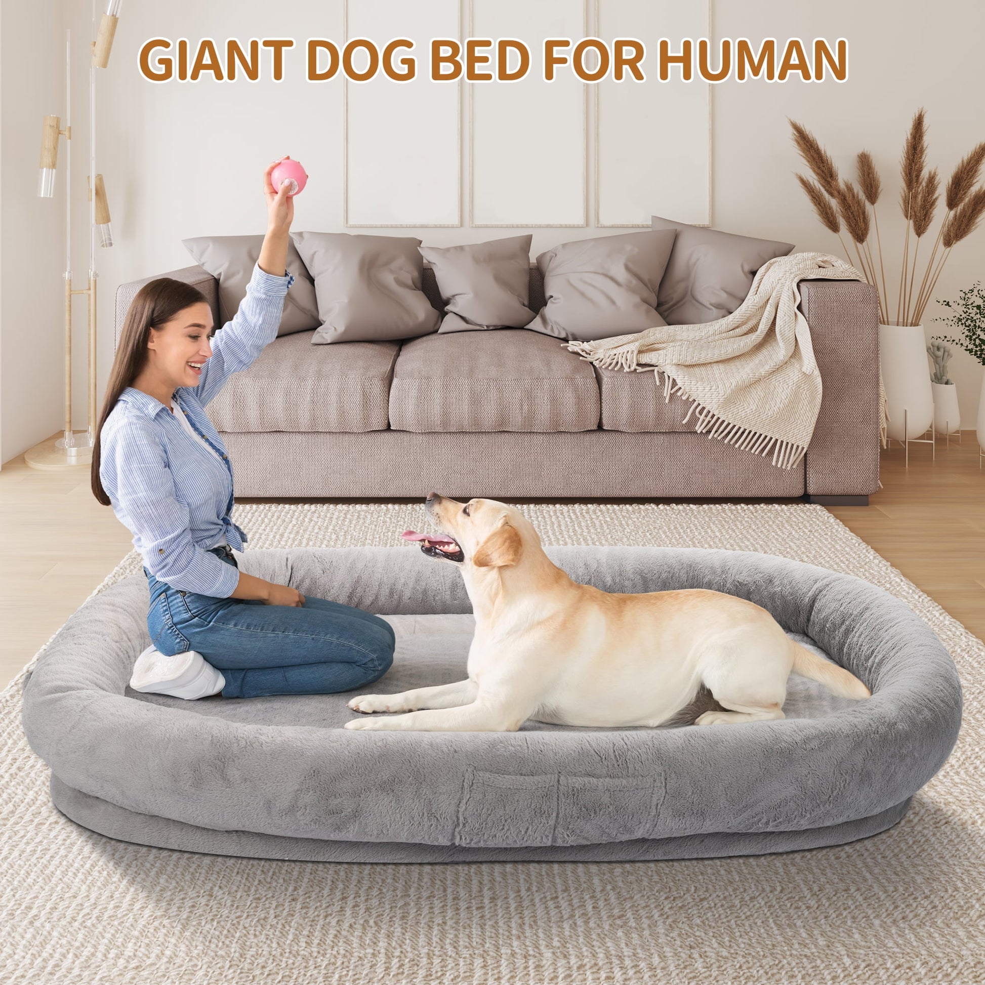Human Dog Bed with Blanket,large dog bed 72'' x 48'' x 10'', Washable Fur Cover, Memory Foam, Grey