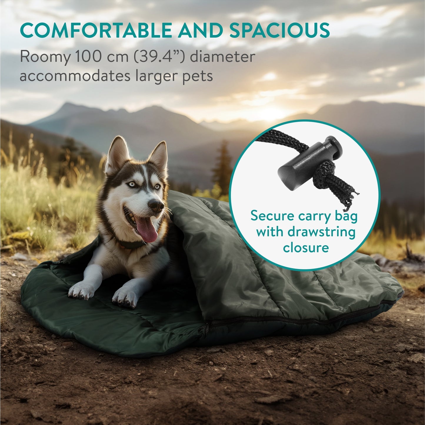 Navaris Dog Travel Bed - Portable and Foldable Outdoor Round Settle Mat for Dogs - Sleeping Bag with Double Sided Zipper - For Camping with Your Pet - Green