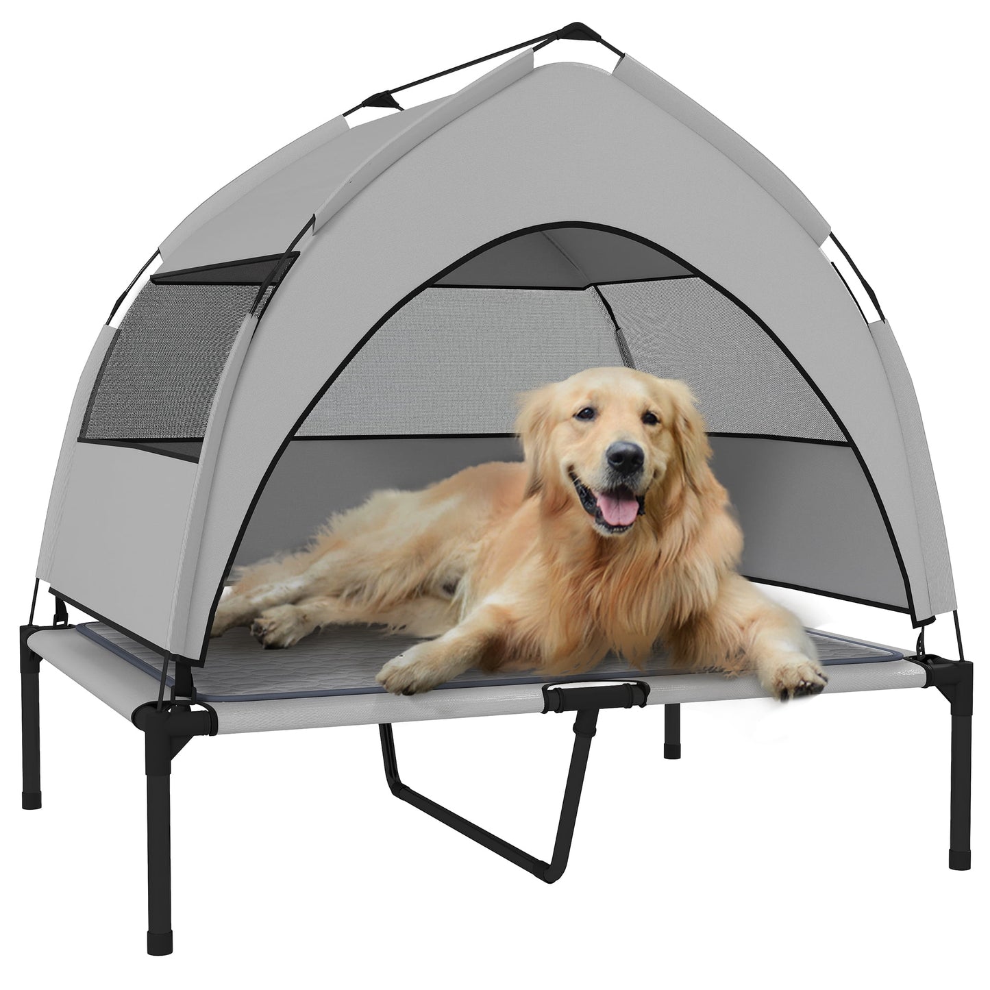 PawHut Elevated Dog Bed, Portable Raised Pet Bed with Removable Canopy, Cooling Pad, Storage Bag, Outside Pet Cot for Large Dogs, 36" x 29.5" x 35"