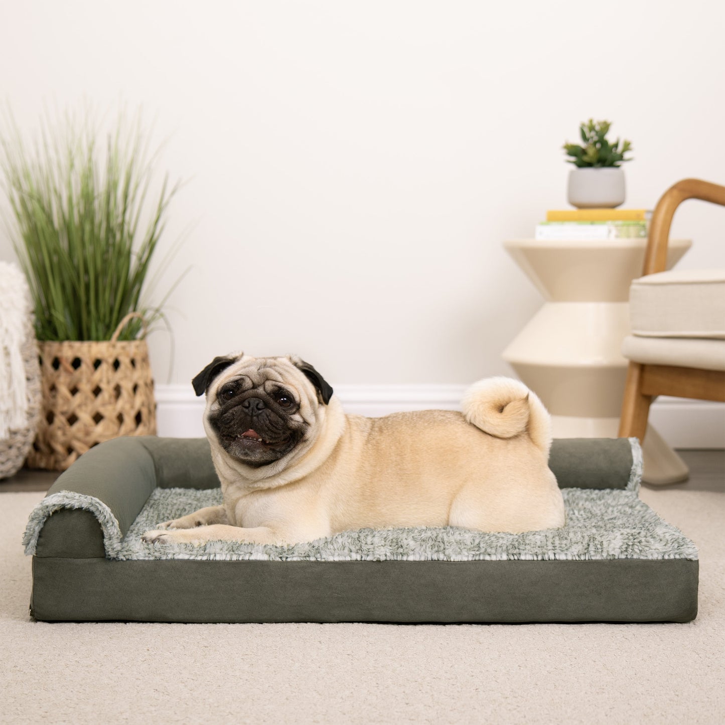 FurHaven Pet Products Two-Tone Faux Fur & Suede Orthopedic Deluxe Chaise Lounge Pet Bed for Dogs & Cats - Dark Sage, Medium