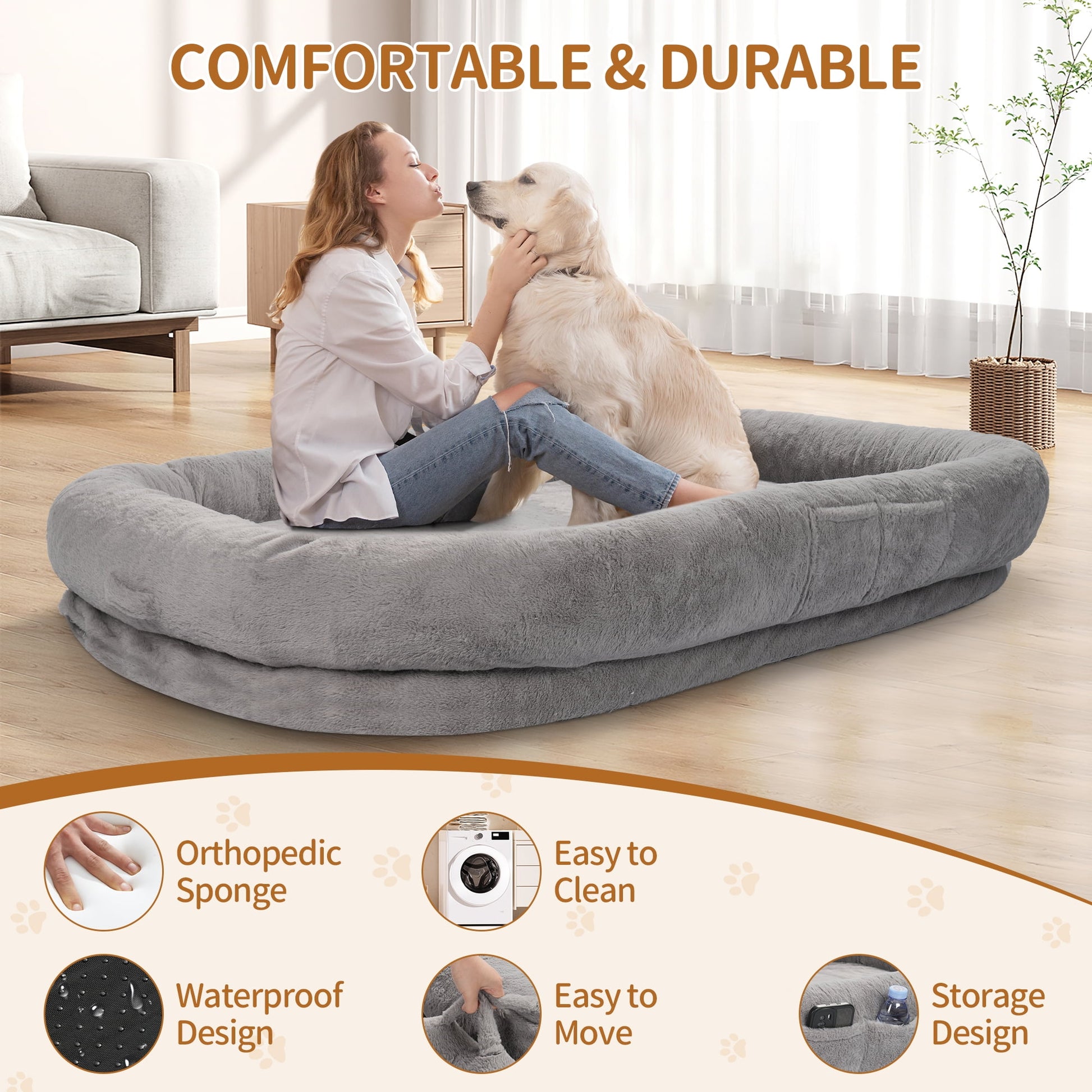 Human Dog Bed with Blanket,large dog bed 72'' x 48'' x 10'', Washable Fur Cover, Memory Foam, Grey