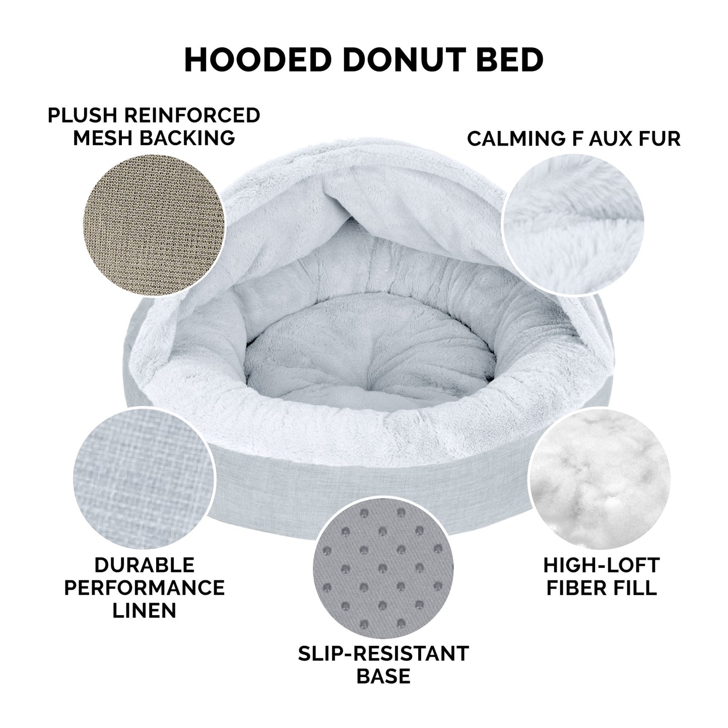 FurHaven Pet Products Extra Small Plush & Performance Linen Hooded Donut Dog & Cat Bed, Mist Gray