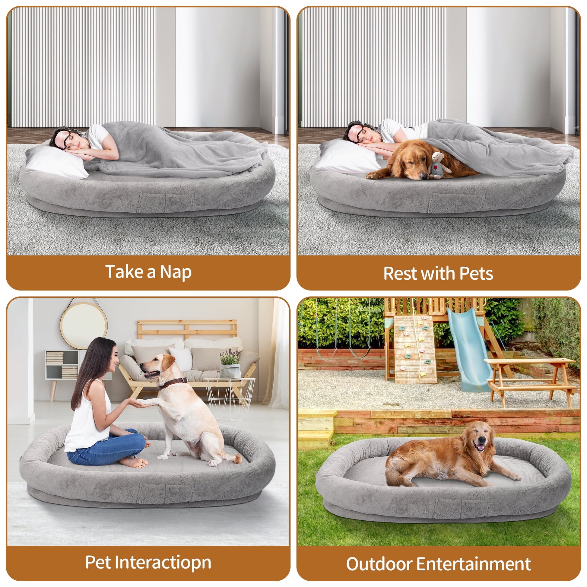 Human Dog Bed with Blanket,large dog bed 72'' x 48'' x 10'', Washable Fur Cover, Memory Foam, Grey