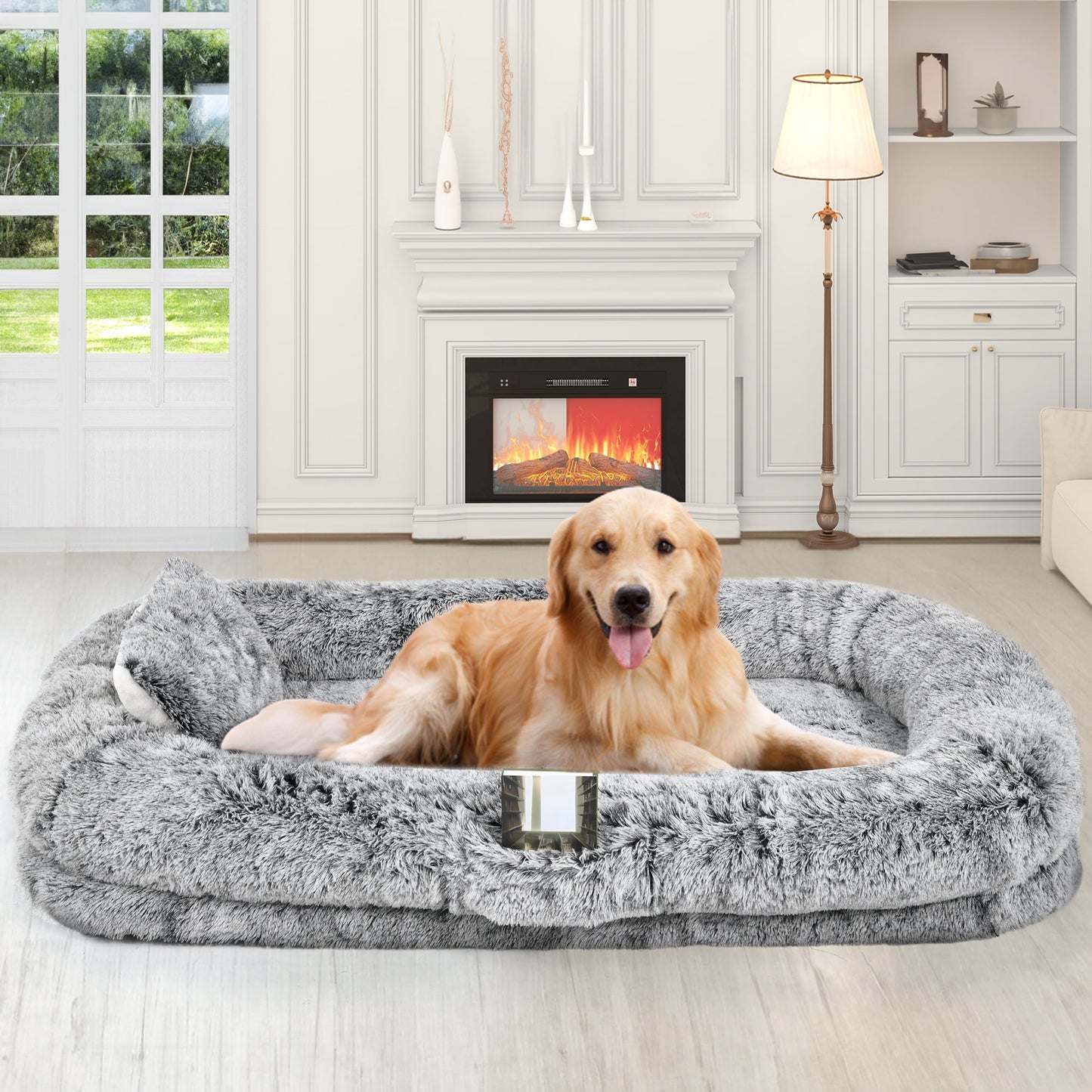 Dextrus Human Dog Bed, Oversized Memory Foam Dog Bed, 79"x43" with Blanket and Pillow, Removable Fur Cover, Grey