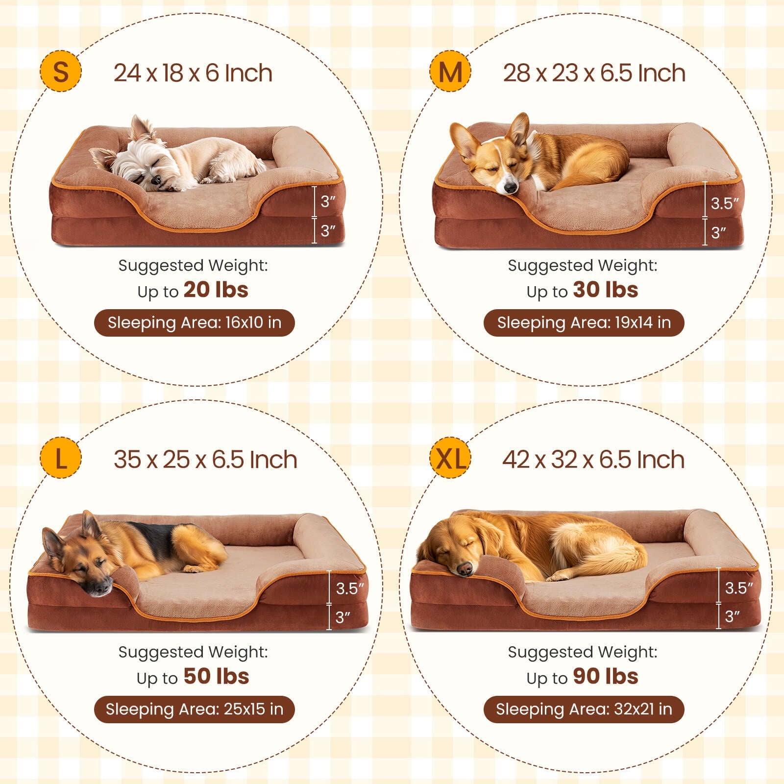 Gianna Dog Bed for Small Size Dogs, Supportive Memory Foam Dog Sofa, Brown