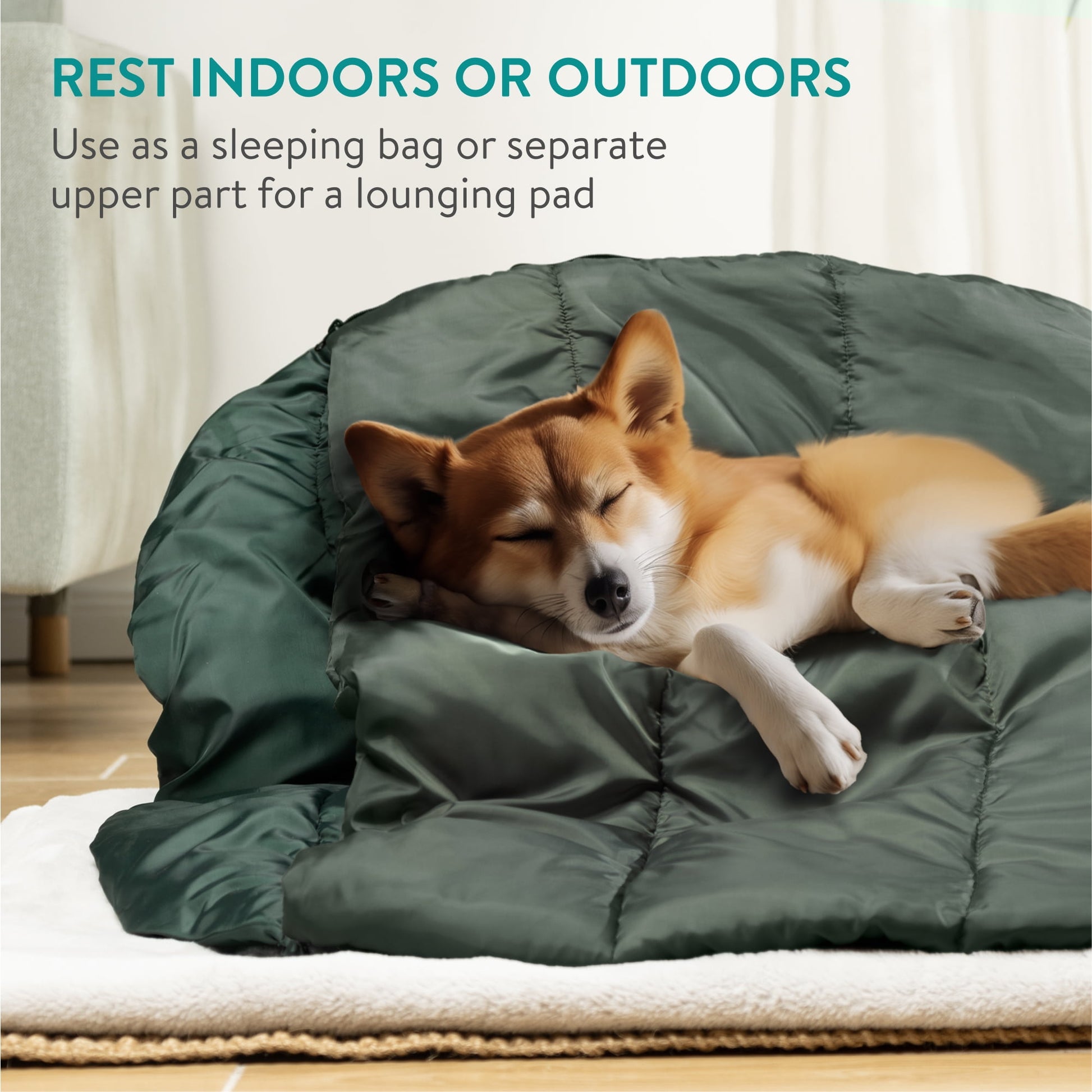 Navaris Dog Travel Bed - Portable and Foldable Outdoor Round Settle Mat for Dogs - Sleeping Bag with Double Sided Zipper - For Camping with Your Pet - Green