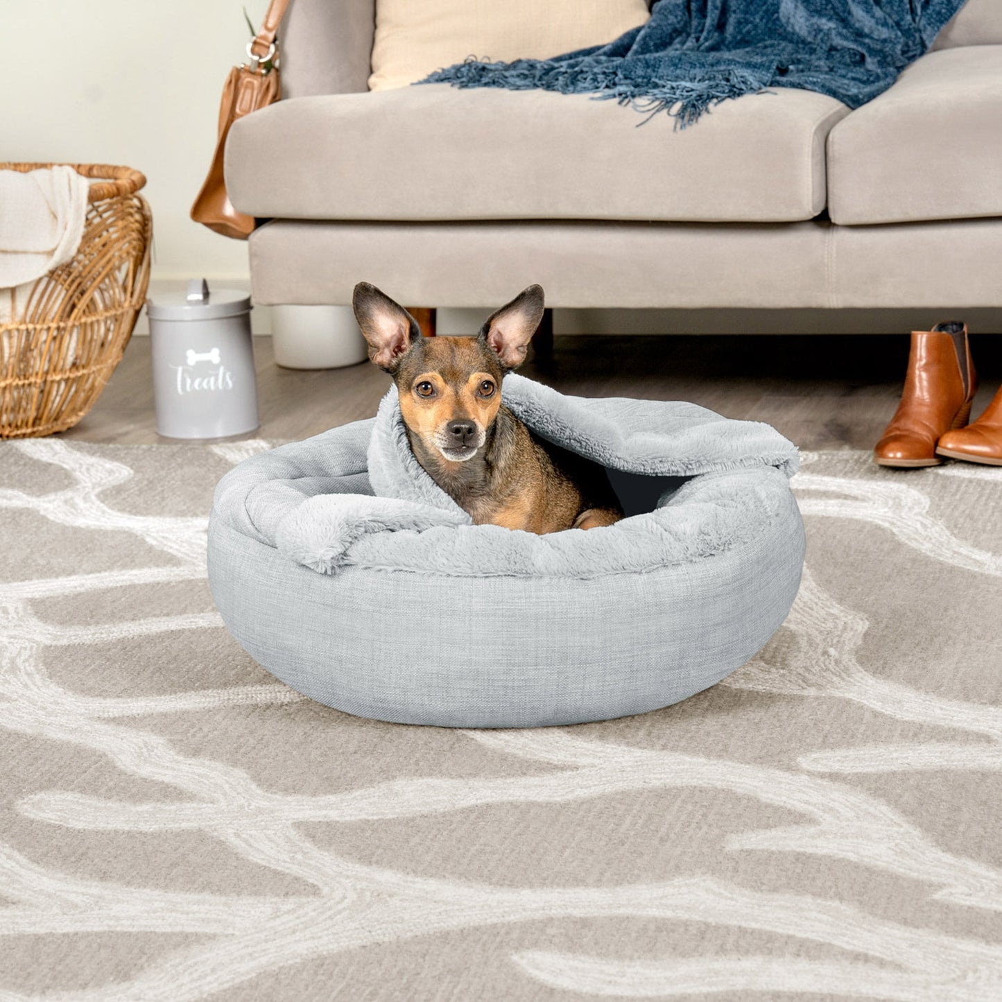 FurHaven Pet Products Extra Small Plush & Performance Linen Hooded Donut Dog & Cat Bed, Mist Gray