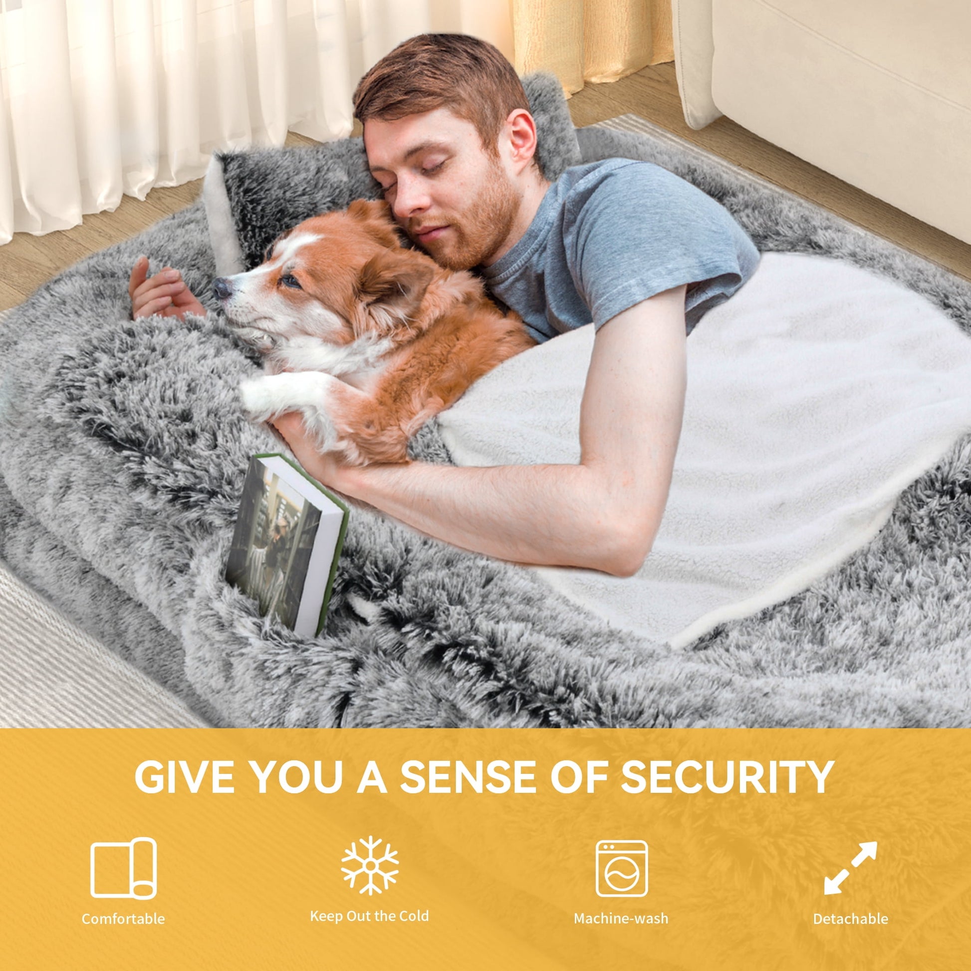 Dextrus Human Dog Bed, Oversized Memory Foam Dog Bed, 79"x43" with Blanket and Pillow, Removable Fur Cover, Grey