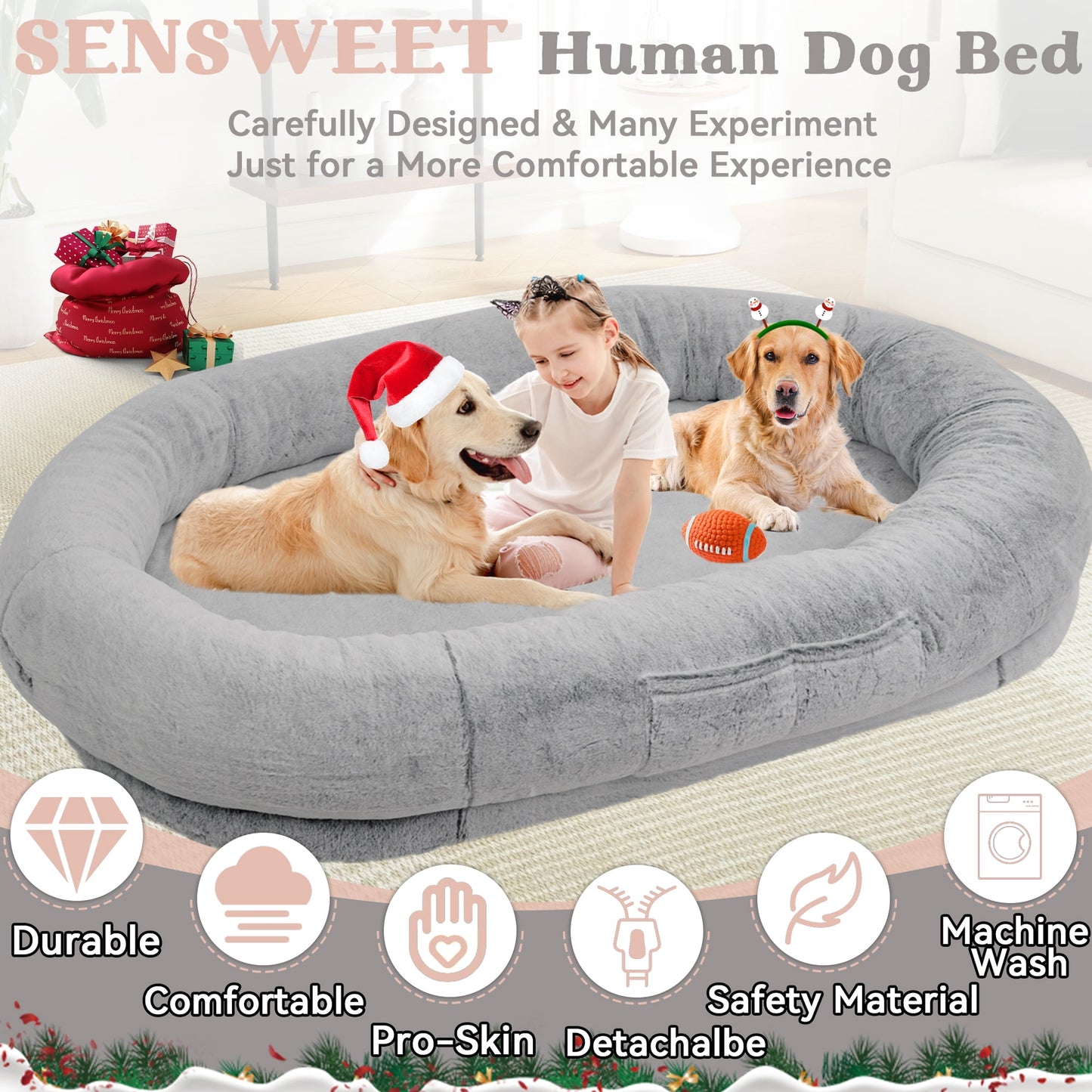 Human Dog Bed,72"x48"x11" Extra Large Human Dog Bed for People Adults and Pets, Large Bean Bag Bed for Humans and Dogs, Ultimate Comfort Washable Fur and Blanket Adult Dog Bed(Grey)