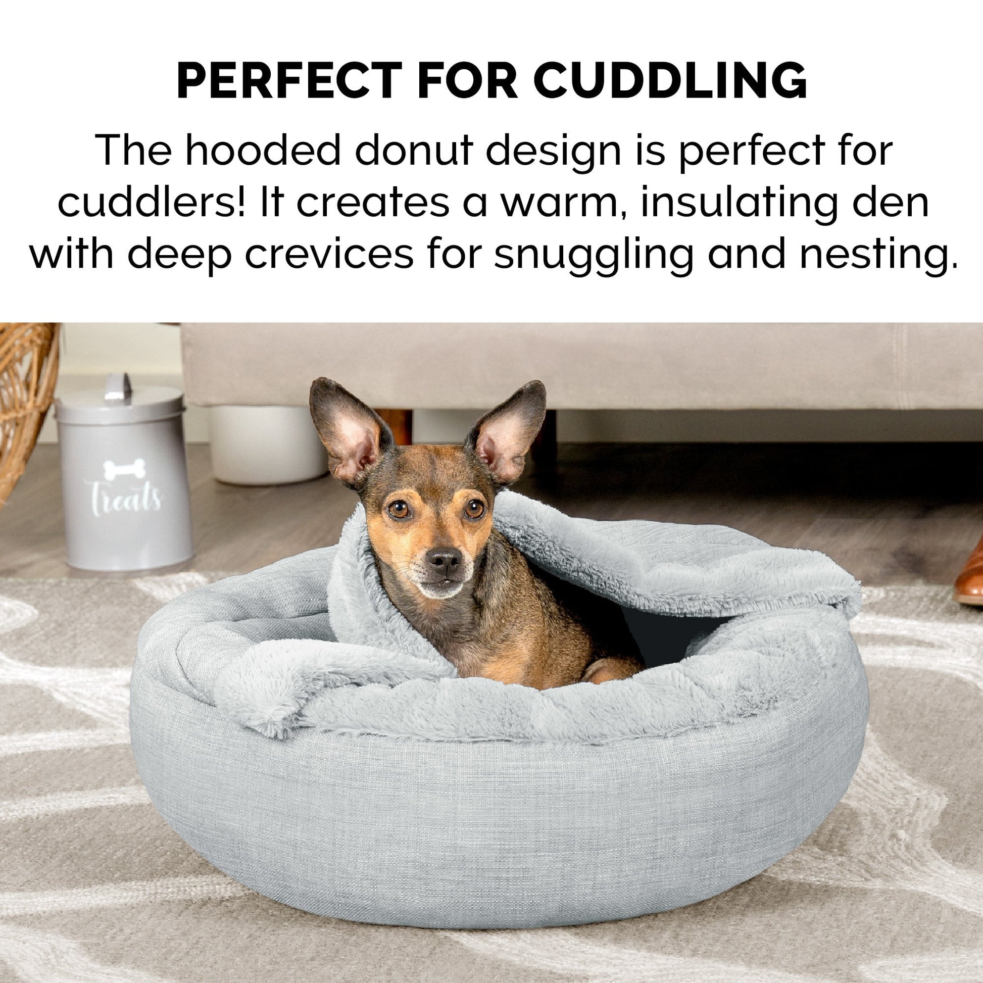 FurHaven Pet Products Extra Small Plush & Performance Linen Hooded Donut Dog & Cat Bed, Mist Gray