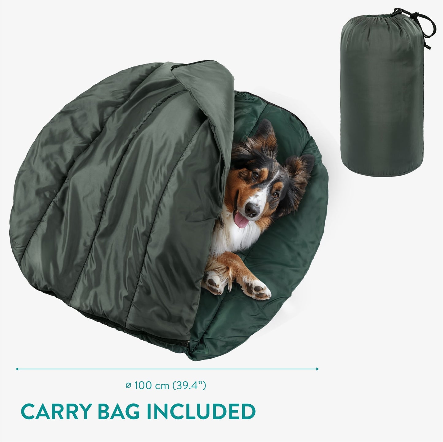 Navaris Dog Travel Bed - Portable and Foldable Outdoor Round Settle Mat for Dogs - Sleeping Bag with Double Sided Zipper - For Camping with Your Pet - Green