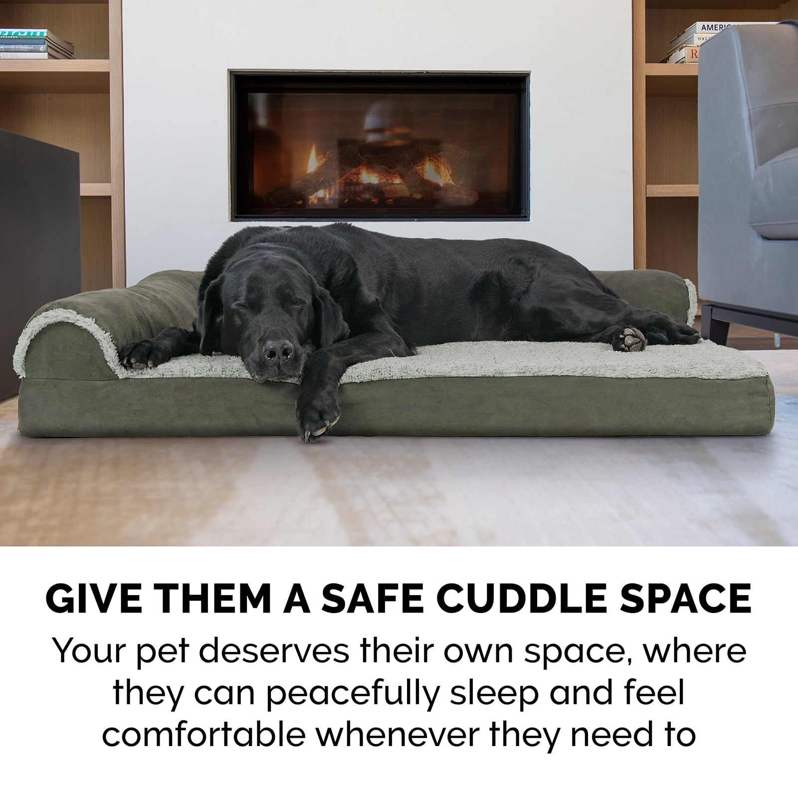 FurHaven Pet Products Two-Tone Faux Fur & Suede Orthopedic Deluxe Chaise Lounge Pet Bed for Dogs & Cats - Dark Sage, Medium