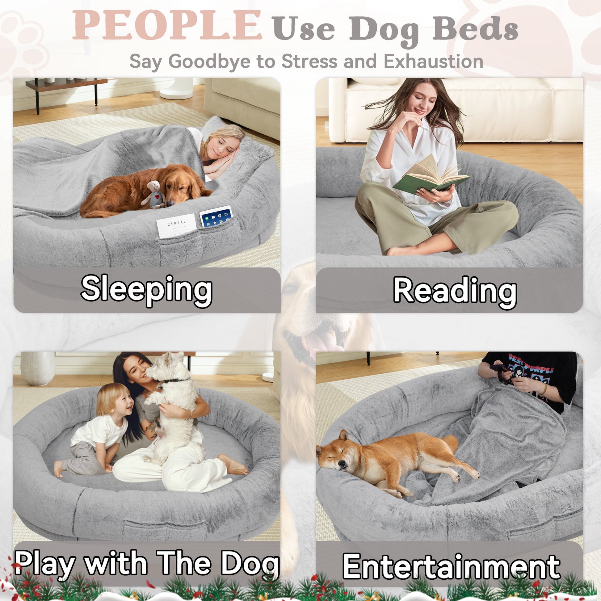 Human Dog Bed,72"x48"x11" Extra Large Human Dog Bed for People Adults and Pets, Large Bean Bag Bed for Humans and Dogs, Ultimate Comfort Washable Fur and Blanket Adult Dog Bed(Grey)