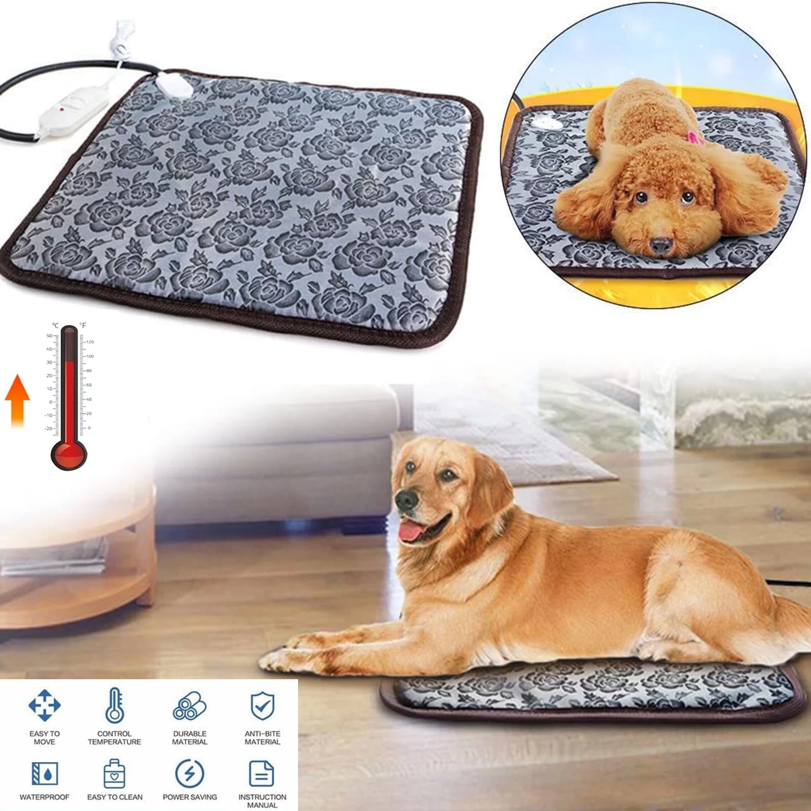 Yolispa Pet Heating Pad Mat, Electric Pet Heating Pad Bed for Cat Dog Large Indoor Outdoor Waterproof Adjustable Temperature Heater