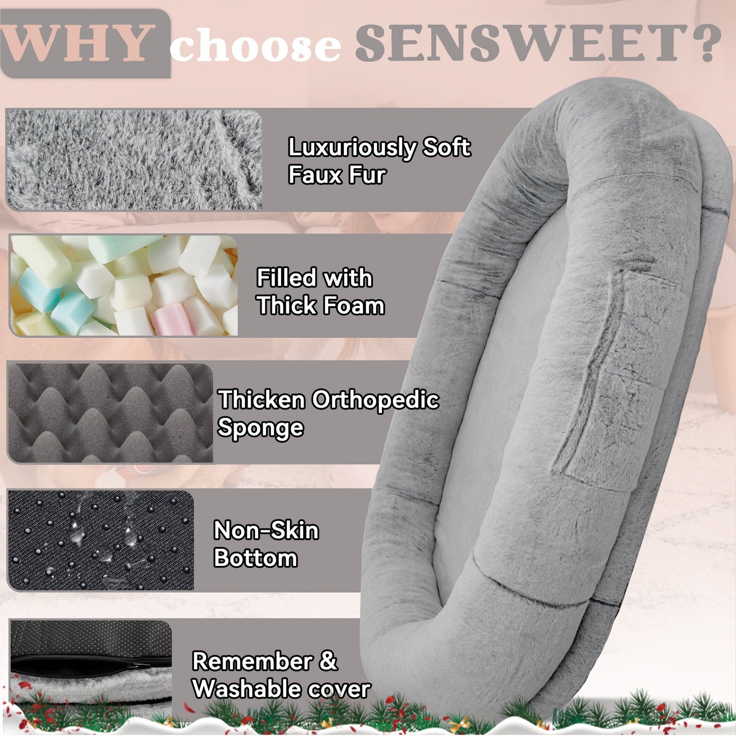 Human Dog Bed,72"x48"x11" Extra Large Human Dog Bed for People Adults and Pets, Large Bean Bag Bed for Humans and Dogs, Ultimate Comfort Washable Fur and Blanket Adult Dog Bed(Grey)