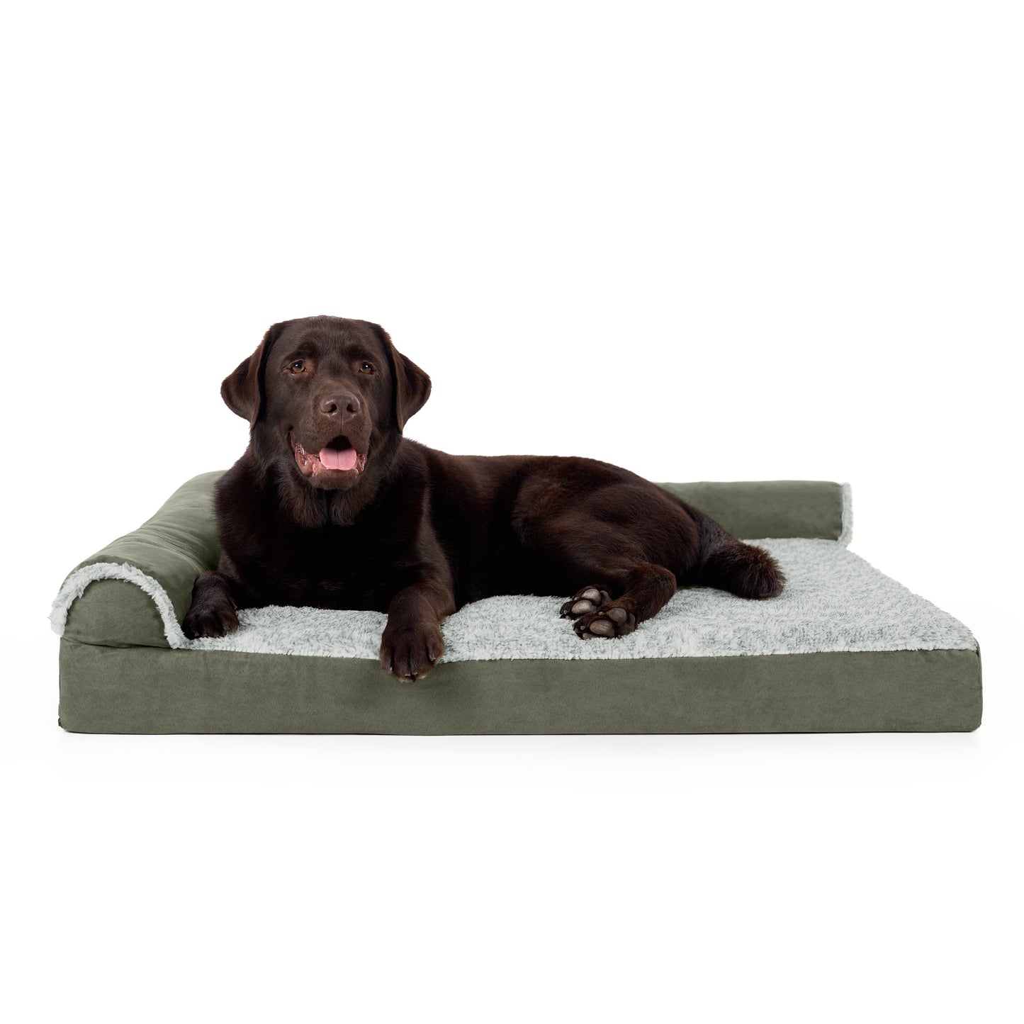 FurHaven Pet Products Two-Tone Faux Fur & Suede Orthopedic Deluxe Chaise Lounge Pet Bed for Dogs & Cats - Dark Sage, Medium
