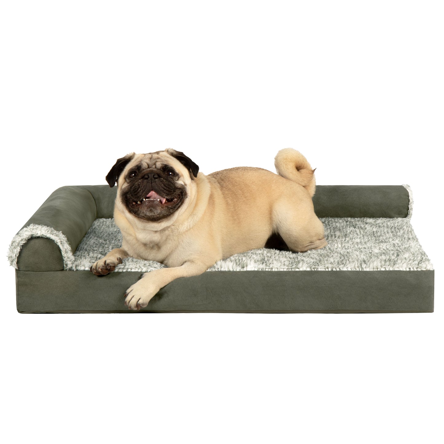 FurHaven Pet Products Two-Tone Faux Fur & Suede Orthopedic Deluxe Chaise Lounge Pet Bed for Dogs & Cats - Dark Sage, Medium