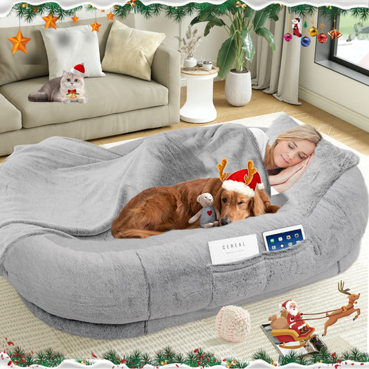Human Dog Bed,72"x48"x11" Extra Large Human Dog Bed for People Adults and Pets, Large Bean Bag Bed for Humans and Dogs, Ultimate Comfort Washable Fur and Blanket Adult Dog Bed(Grey)