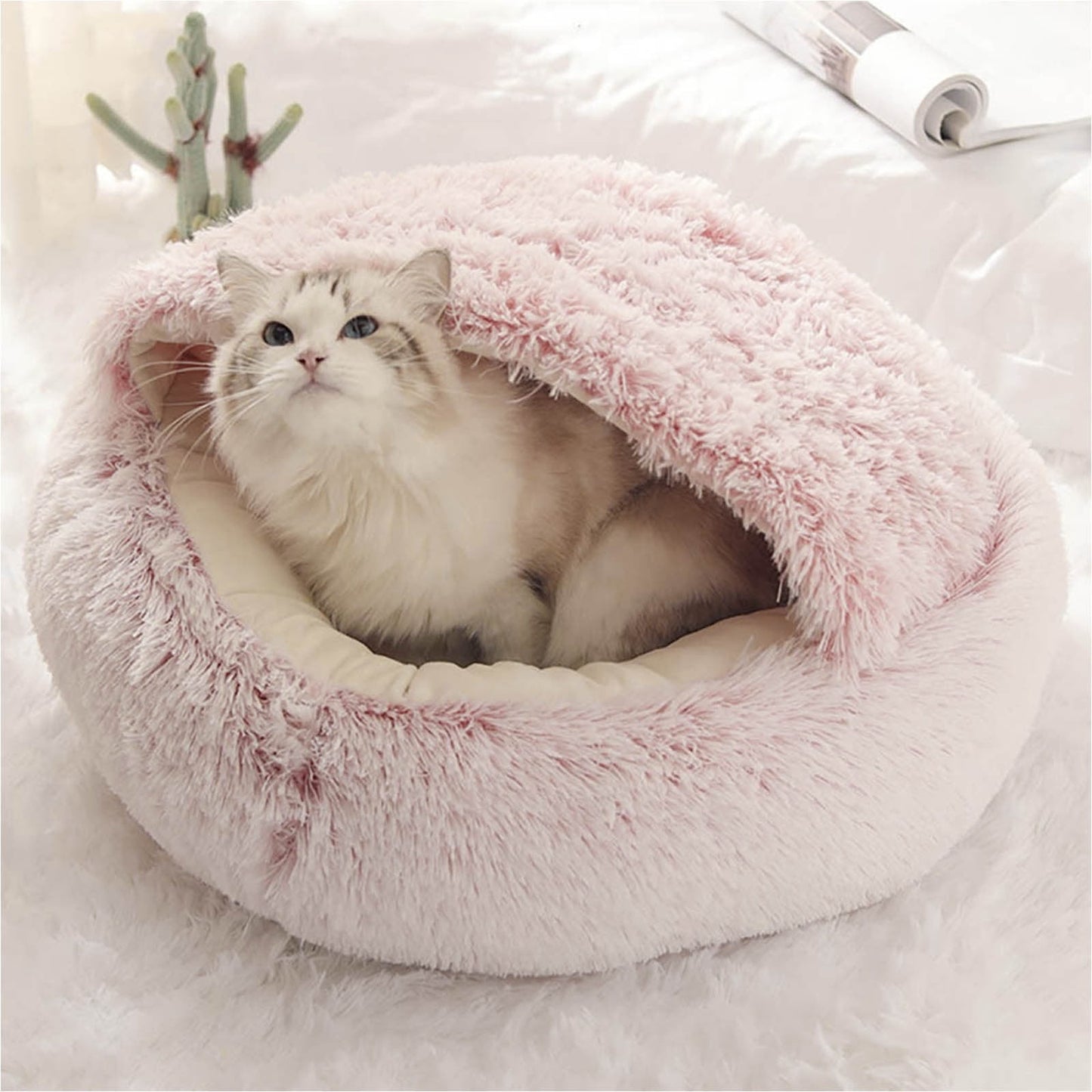 KIHOUT Dog Cave Bed for Small Dogs Cats Pets, Anti Anxiety Calming Plush Lining Dog Beds, Fluffy Covered Hooded Cozy Burrow Puppy Beds, Anti-Slip Bottom Washable Pet Sleep Bag 50CM