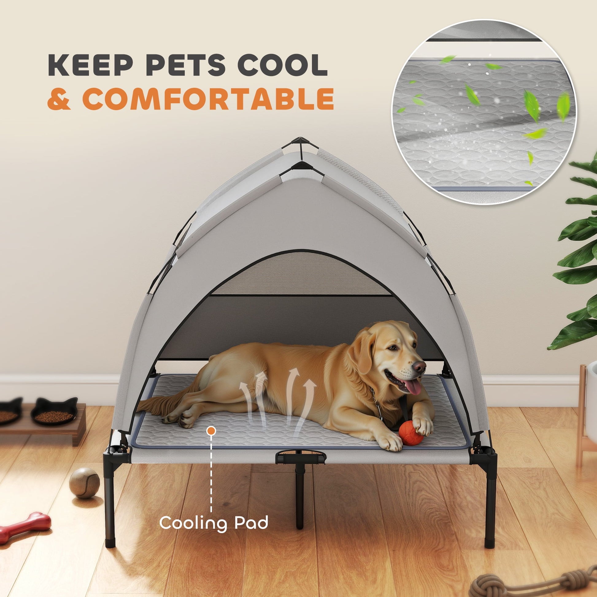 PawHut Elevated Dog Bed, Portable Raised Pet Bed with Removable Canopy, Cooling Pad, Storage Bag, Outside Pet Cot for Large Dogs, 36" x 29.5" x 35"