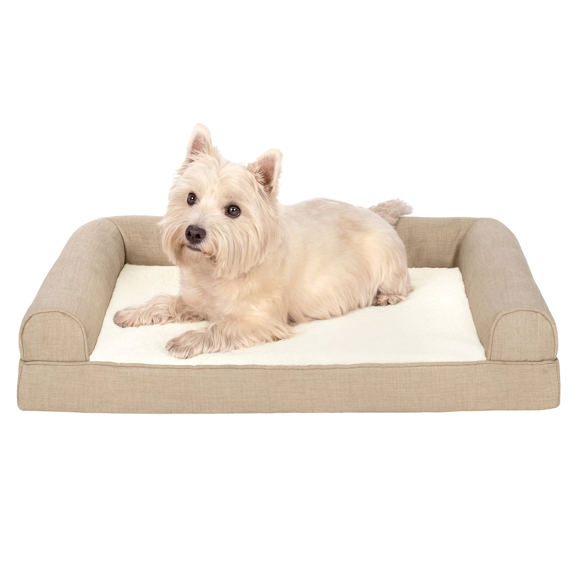 FurHaven Plush & Performance Linen Orthopedic Sofa Pet Bed for Dogs & Cats - Flax, Medium