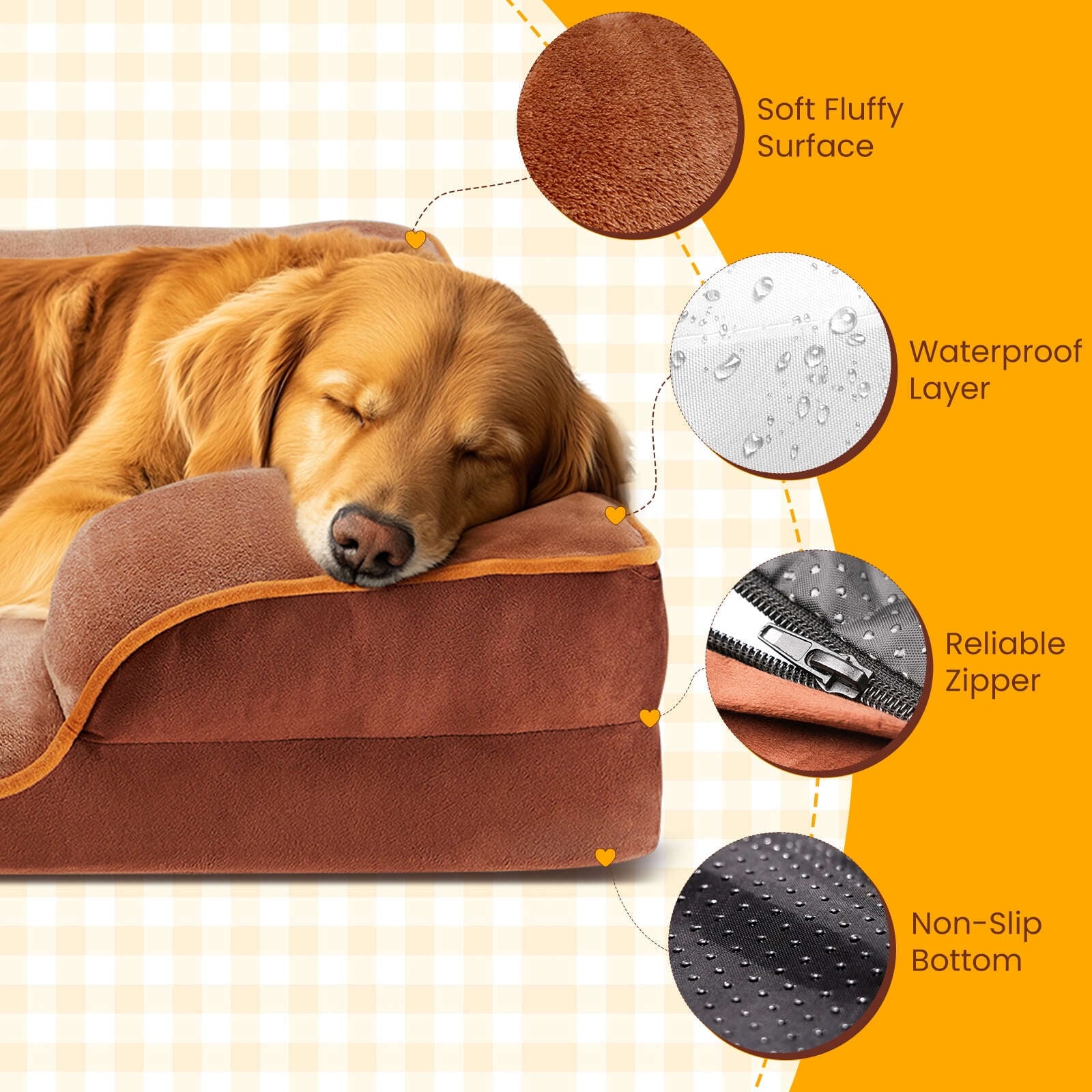 Gianna Dog Bed for Small Size Dogs, Supportive Memory Foam Dog Sofa, Brown