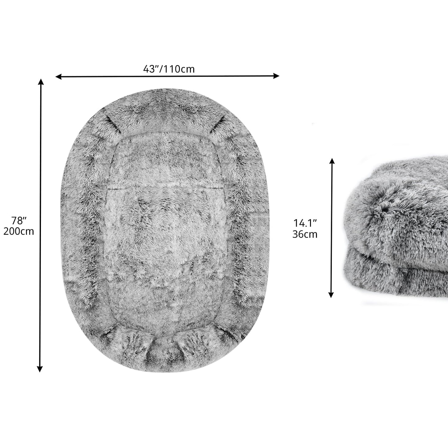 Dextrus Human Dog Bed, Oversized Memory Foam Dog Bed, 79"x43" with Blanket and Pillow, Removable Fur Cover, Grey