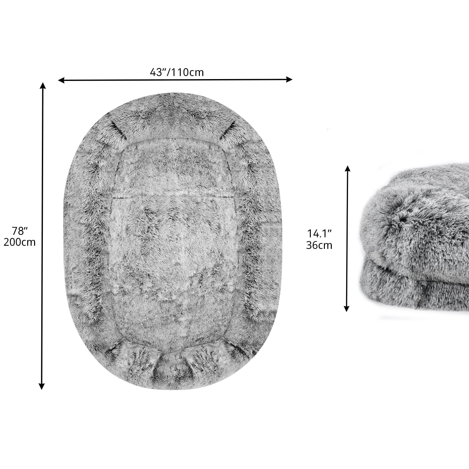 Dextrus Human Dog Bed, Oversized Memory Foam Dog Bed, 79"x43" with Blanket and Pillow, Removable Fur Cover, Grey