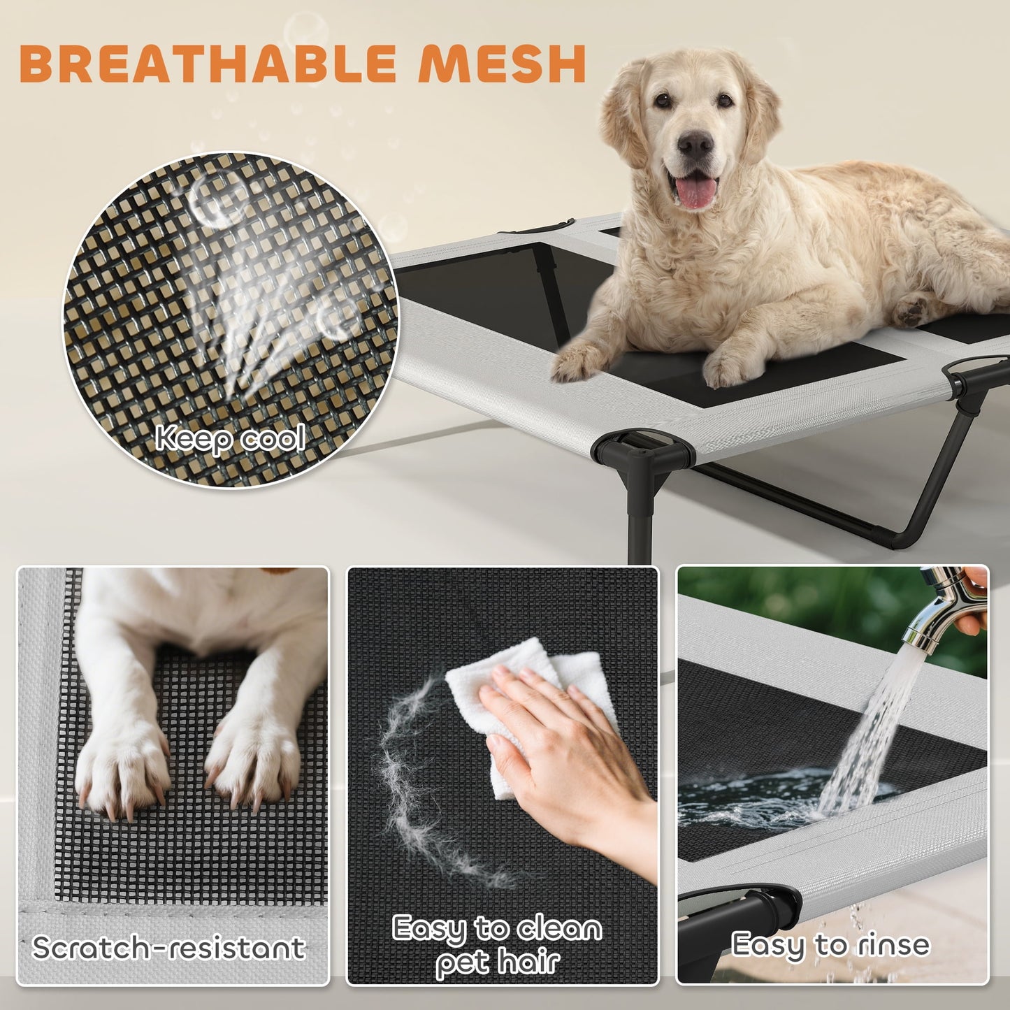 PawHut Elevated Dog Bed, Portable Raised Pet Bed with Removable Canopy, Cooling Pad, Storage Bag, Outside Pet Cot for Large Dogs, 36" x 29.5" x 35"