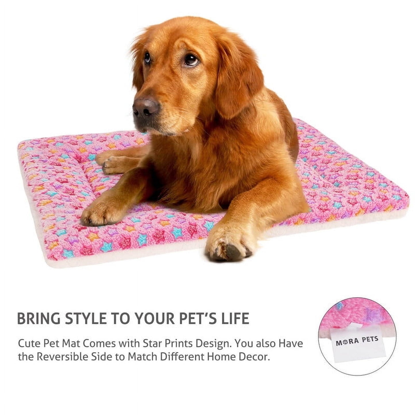 Mora Pets Dog Crate Mats with Cute Star Pattern Washable Pet Bed for Large Dogs Cozy Reversible Dog Crate Bed, Pink, 17.5*14