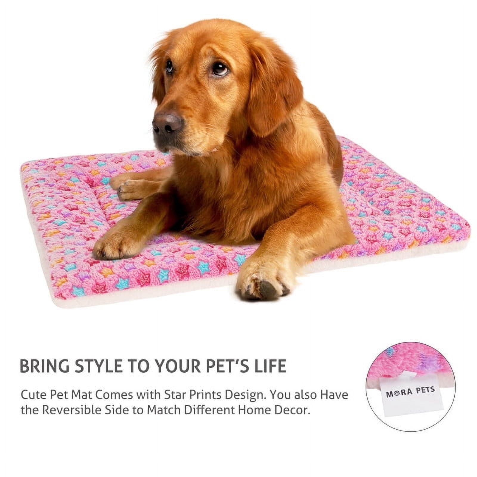Mora Pets Dog Crate Mats with Cute Star Pattern Washable Pet Bed for Large Dogs Cozy Reversible Dog Crate Bed, Pink, 17.5*14