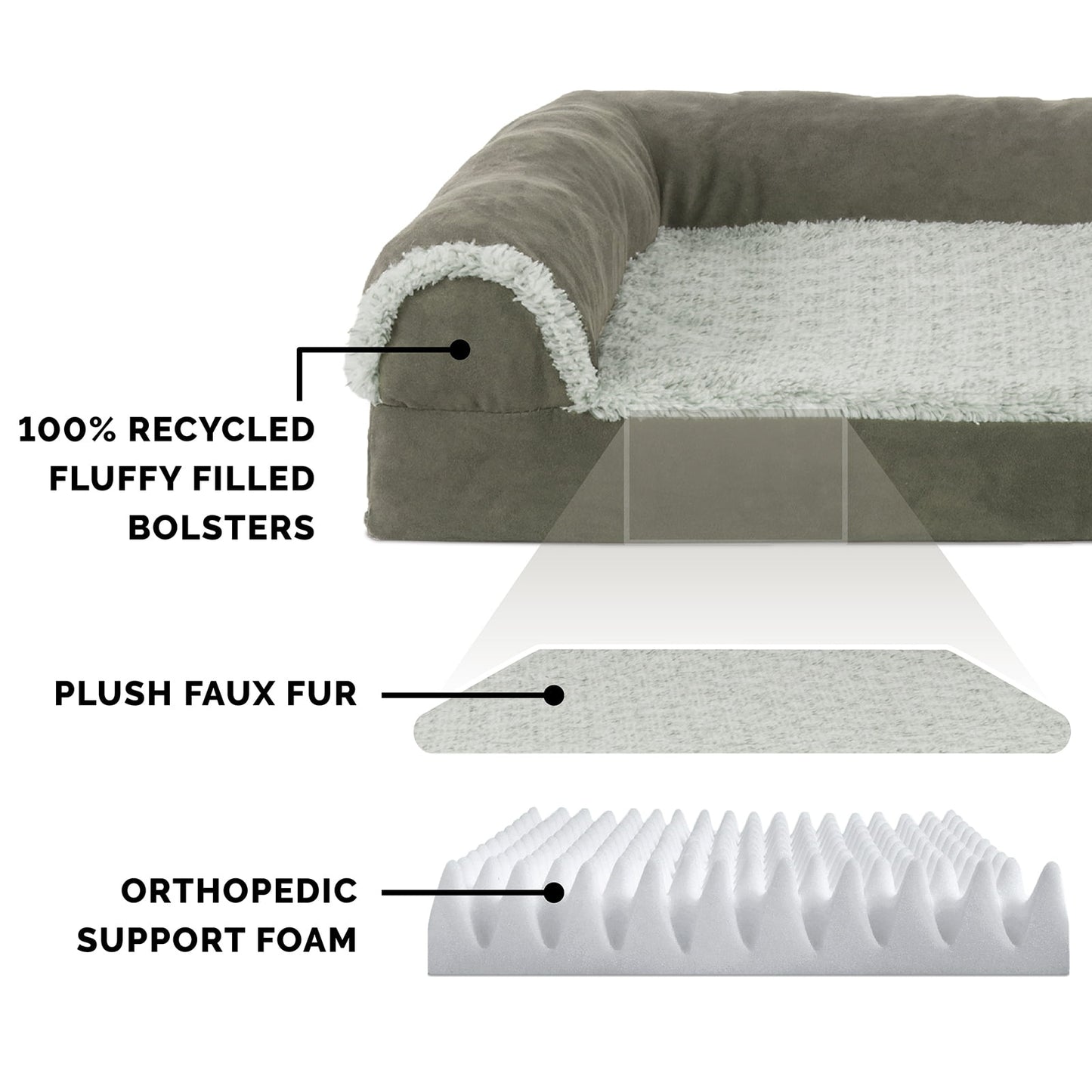 FurHaven Pet Products Two-Tone Faux Fur & Suede Orthopedic Deluxe Chaise Lounge Pet Bed for Dogs & Cats - Dark Sage, Medium