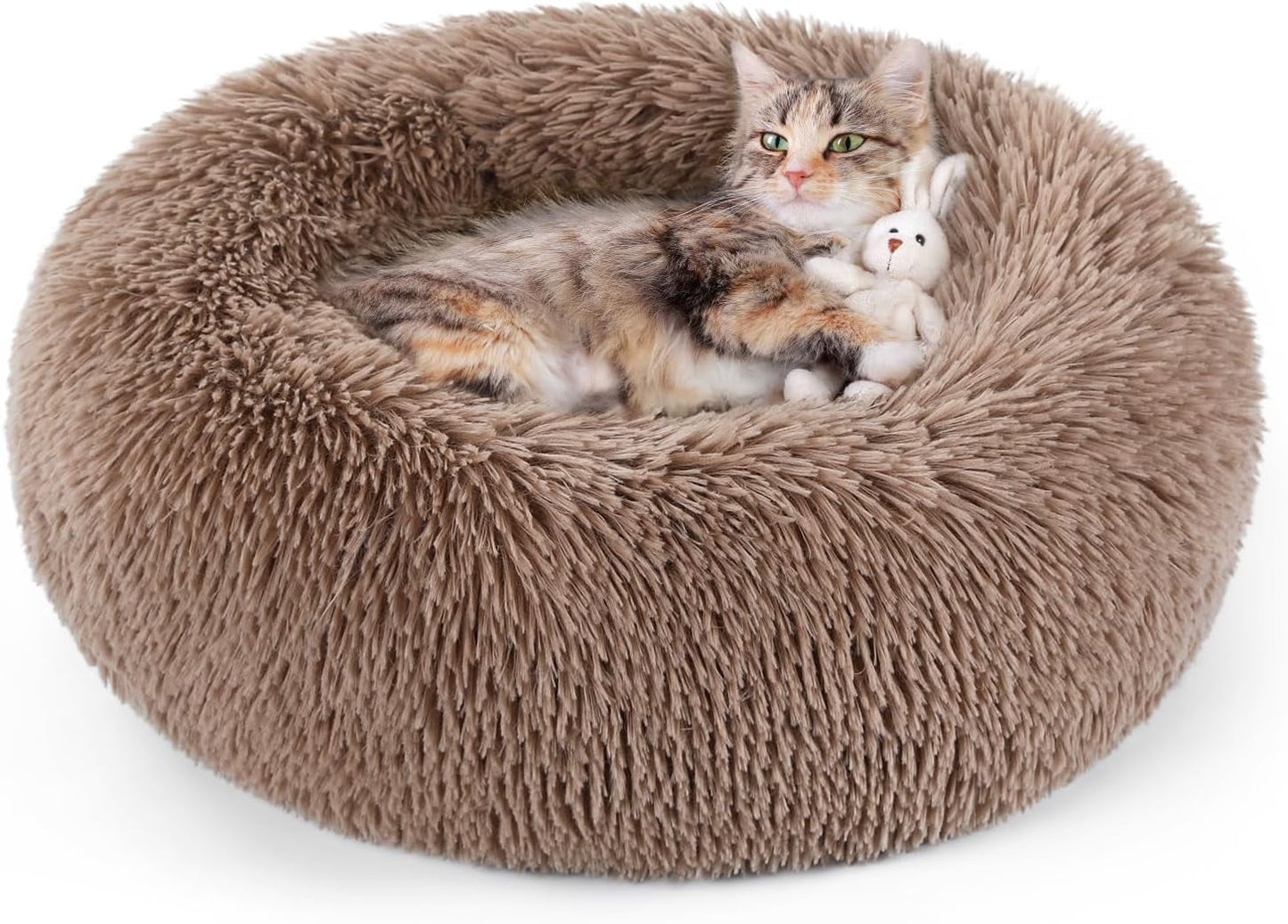 rabbitgoo Cat Bed for Indoor Cats, Fluffy Round Self Warming Calming Soft Plush Donut Cuddler Cushion Pet Bed for Small Dogs Kittens, 20 inches