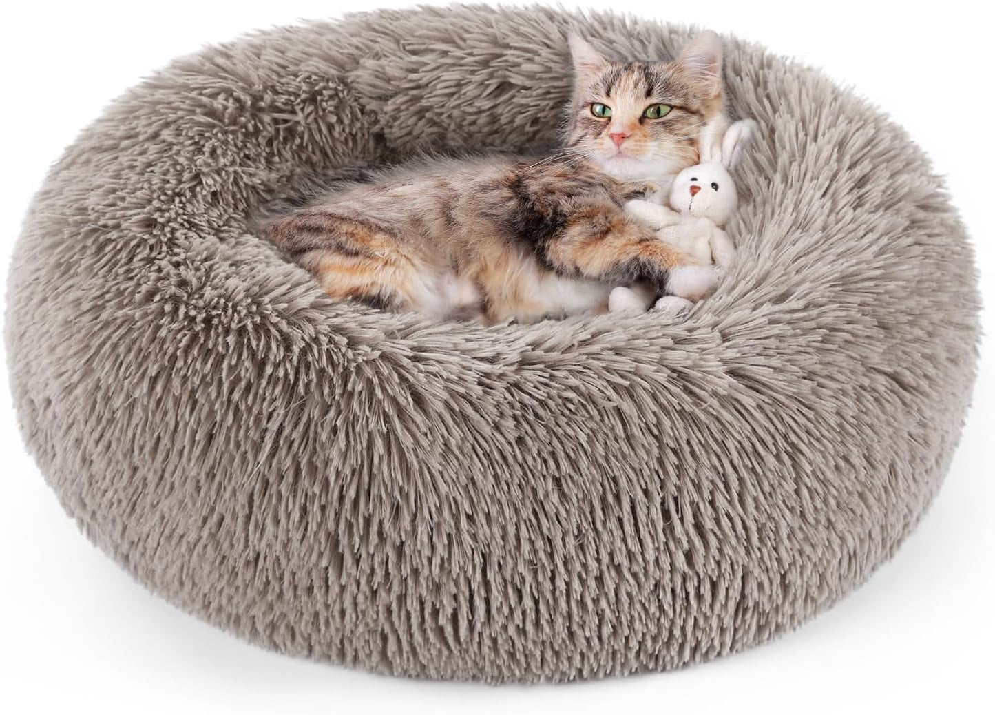 rabbitgoo Cat Bed for Indoor Cats, Fluffy Round Self Warming Calming Soft Plush Donut Cuddler Cushion Pet Bed for Small Dogs Kittens, 20 inches